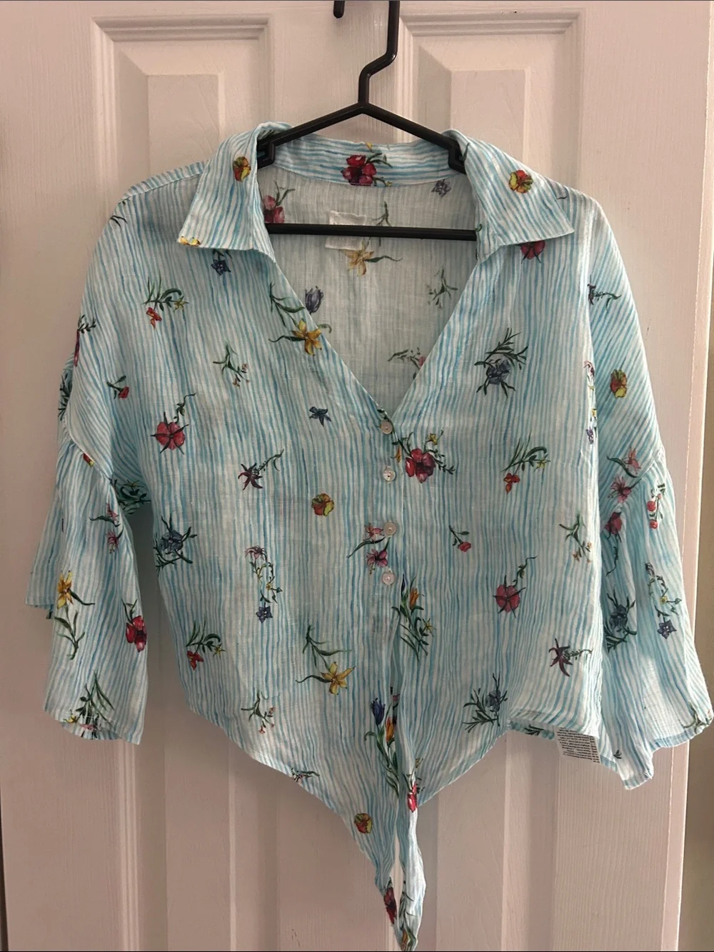 120 LINO% BLUE  FLORAL TROPICAL BEACH TIE FRONT SHIRT SIZE 42 NWOT